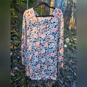 BILLABONG Floral Flowy Long Tunic Size Medium Pink Blue Tribal